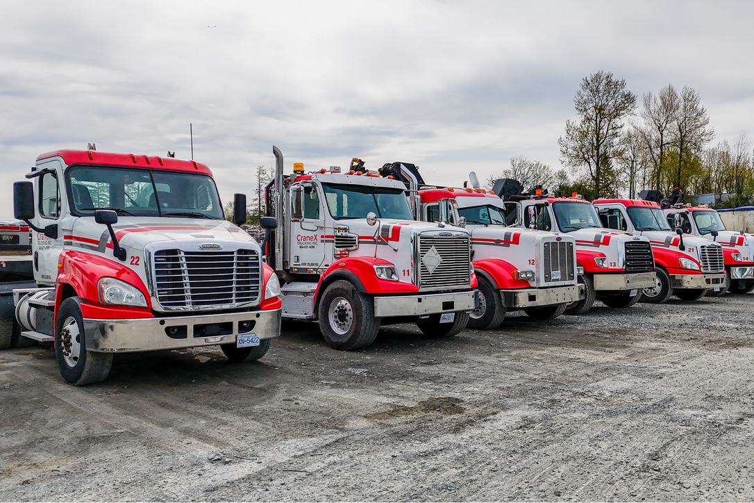 Lineup of white and red CraneX picker trucks parked in the Abbotsford yard